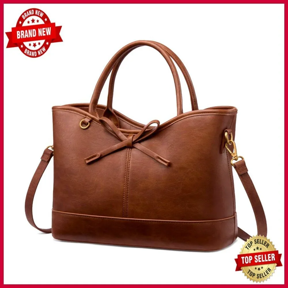 Structured PU Leather Satchel with Bow, Adjustable Crossbody Strap, iPad Pocket